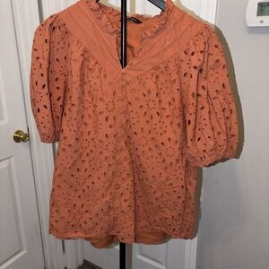 PrettyGarden Cotton Eyelet Puff Sleeve Button Blouse Med Cottagecore